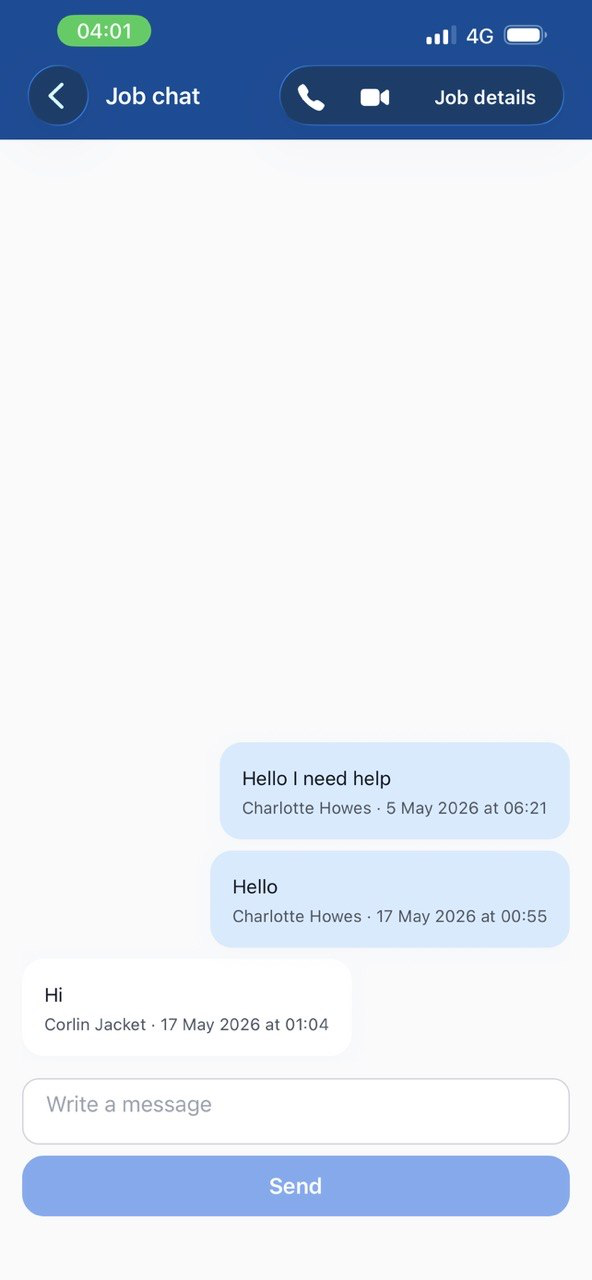 In-app job chat showing homeowner and tradesperson messages with a reply box.