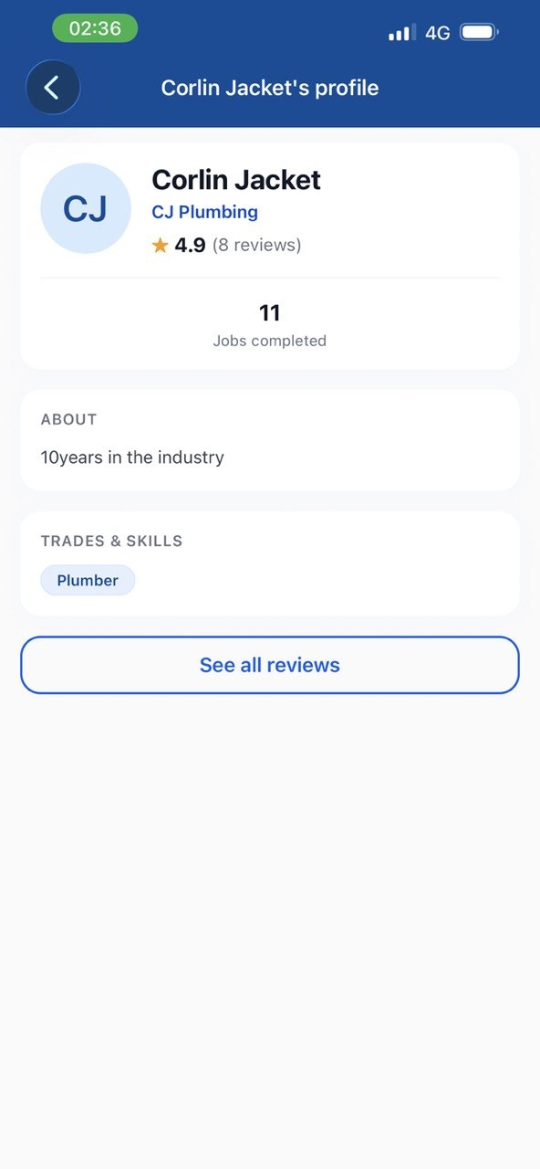 Tradesperson profile showing rating, reviews, completed jobs, and plumbing skills.
