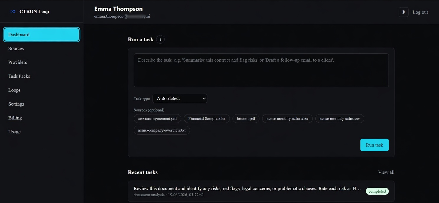 CTRON Loop dashboard showing active loops, recent tasks, and company knowledge sources.