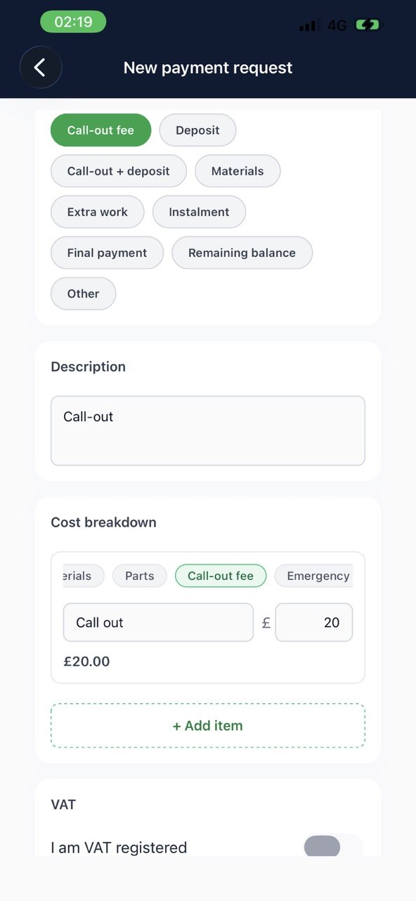 New payment request form for a call-out fee with item breakdown and VAT option.