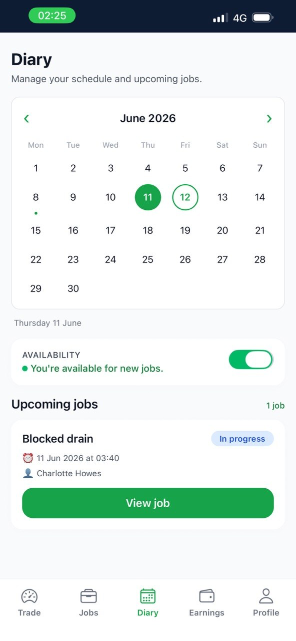 Trade diary showing a monthly calendar, availability toggle, and upcoming appointments.