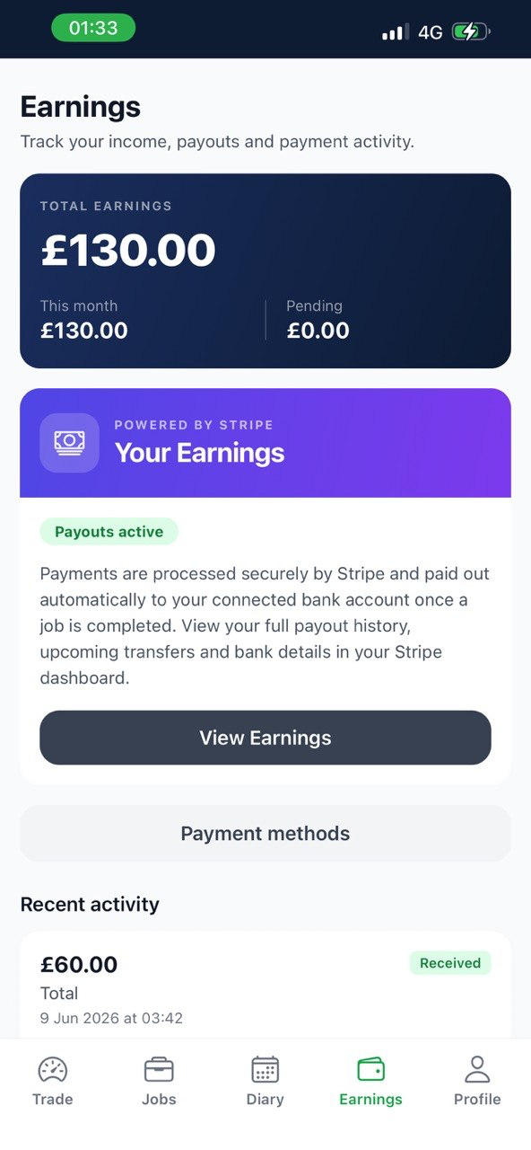 Trade earnings screen showing total earnings, completed payments, and recent payment activity.