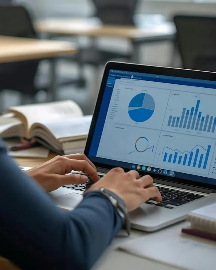 A person reviewing charts and graphs on a laptop
